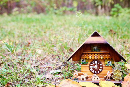 木制挂钟在房子的形状, 一个苹果和黄色的叶子站在明亮的绿色草与透视。设计元素