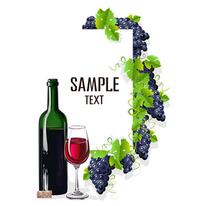 卡片模板与一杯葡萄酒和葡萄。矢量插图