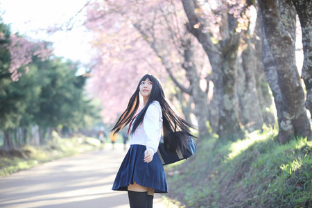 日本学校女孩礼服寻找樱花自然走道