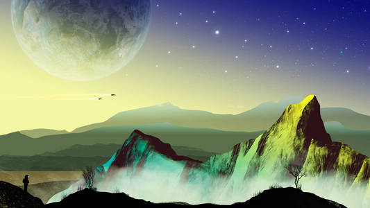 探索者宇航员在科幻风景与行星, 山和树