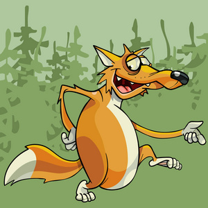 红色后腿卡通滑稽的红色狐狸在它的后腿通过森林照片