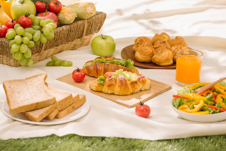 野餐柳条篮子与食物面包果子和橙汁在红色和白色格子布料在领域与绿色自然背景。野餐概念