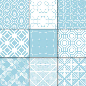 蓝色和白色的几何装饰品。网络纺织品和墙纸无缝图案的收集