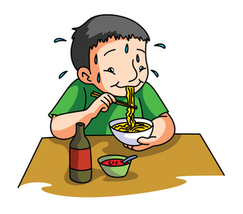 男孩吃面条照片