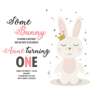 生日请柬与可爱的卡通兔子白色图片