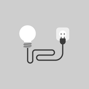 灰色背景下带电缆插头和插座的灯泡平面矢量图标概念