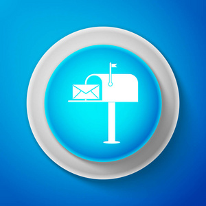 白色打开邮件框, 信封图标在蓝色背景上被隔离。圆圈蓝色按钮与白色线。矢量插图
