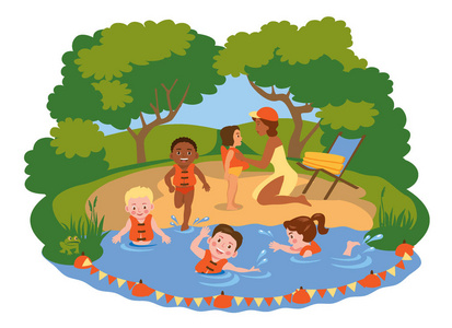 孩子夏令营水上安全孩子在河里洗澡,学游泳孩子们在河里游泳卡通场景