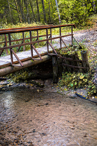 木桥穿过小河的公园。秋天的季节。象征