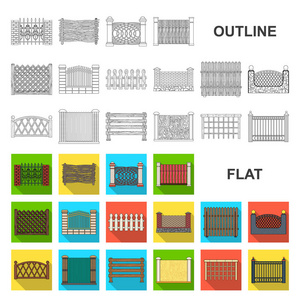不同的栅栏平面图标集集合中的设计。装饰性击剑矢量符号股票网页插图