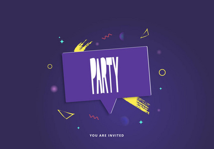 派对横幅水平紫传单为假日设计与几何装饰元素。社交媒体卡。矢量插图