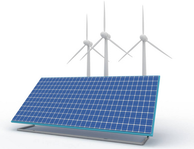 可再生能源概念与网格连接太阳能电池板和风力涡轮机。3d 渲染插图