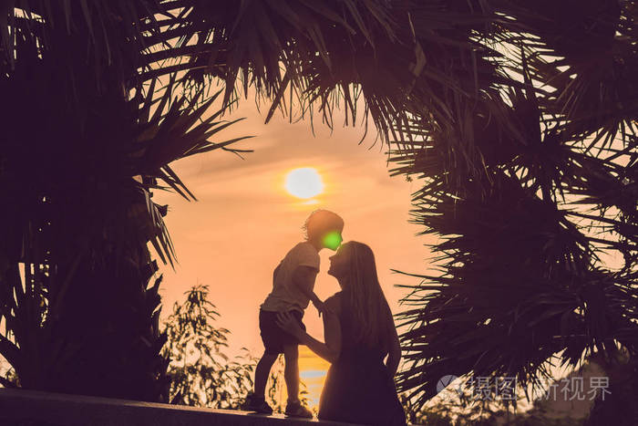 母亲和儿子的剪影, 在棕榈树的背景下, 在热带地区迎接日落照片-正版