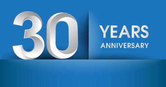 30年纪念标志, 蓝色矢量设计模板元素为您的生日聚会