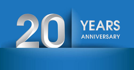 20年纪念标志, 蓝色矢量设计模板元素为您的生日聚会