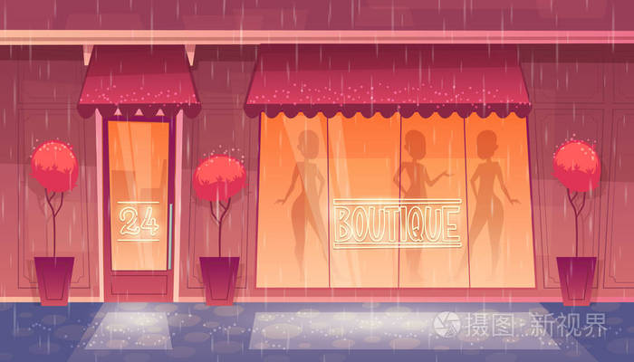 矢量卡通圆钟精品店橱窗照明