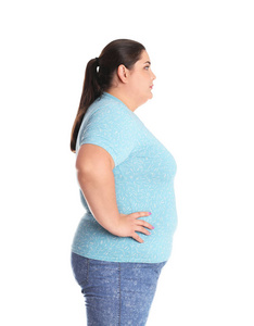 超重妇女在白色背景下体重减轻前