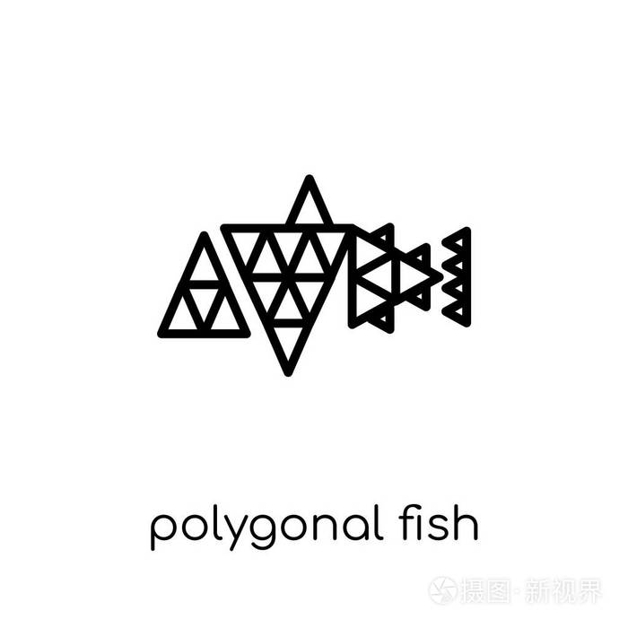 平面线性矢量多边形鱼形状小三角形图标在白色背景上从细线几何汇集