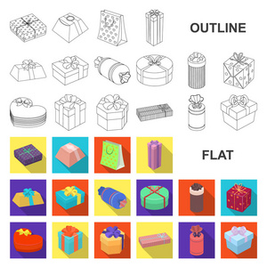 礼品和包装平面图标集合中的设计。彩色包装矢量符号股票网页插图