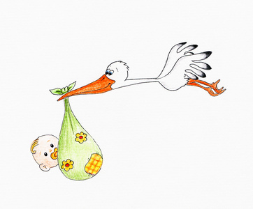 卡通鹳抱宝宝白鹳矢量图形单色绘图的鹳巢在对鹳上嘴唇被鹳咬的白色