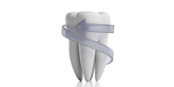 牙齿保护, 牙齿的概念。在白色背景上隔离的牙齿模型和保护箭头。3d 插图