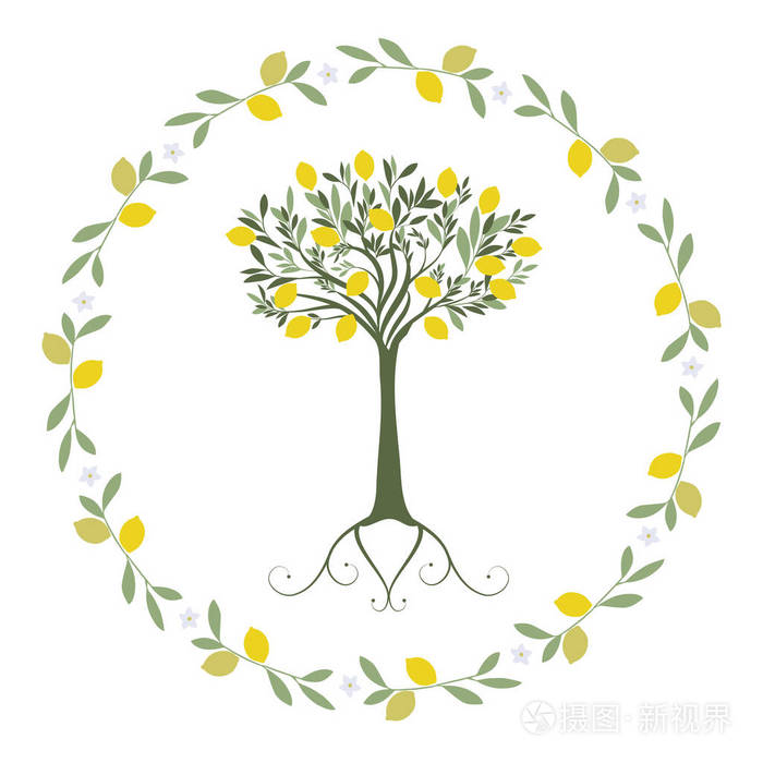 叶子的花环, 柠檬和橙色开花与柠檬树里面