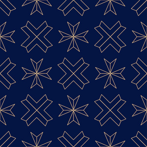 金色的几何打印在深蓝色背景。网络纺织品和墙纸无缝模式