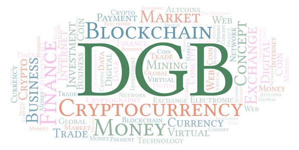 Dgb 或 Digibyte 加密货币硬币字云。只用文字制作的文字云