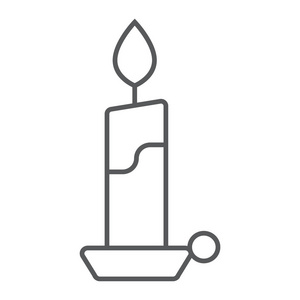 蜡烛薄线图标, 火焰和火焰, 烛光符号, 矢量图形, 在白色背景上的线性模式, eps 10