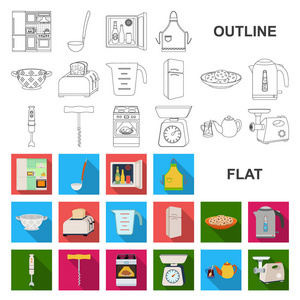 厨房设备平面图标在集合中进行设计。厨房和配件矢量符号股票 web 插图