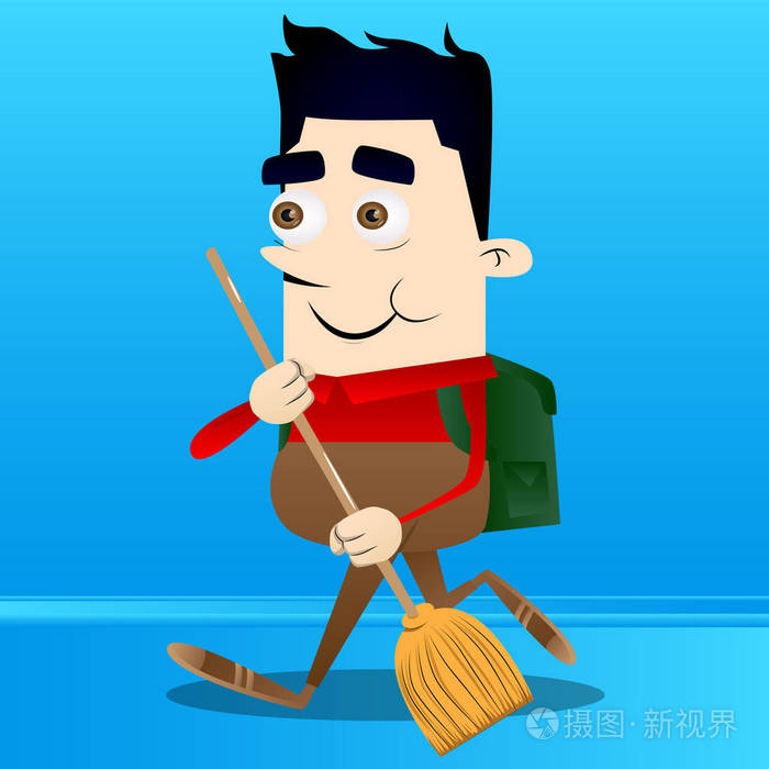 小学生拿着扫帚.矢量卡通人物插画