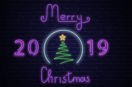 圣诞快乐2019年霓虹灯贺卡, b 上有圣诞树