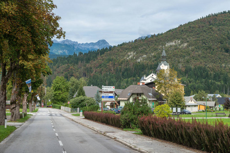 村庄的道路在高大的树木, 房屋和高山的背景下