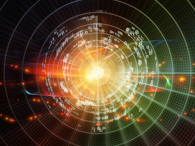 数字系列技术。技术科学和计算机信息世界的数字网格和灯的创造性排列