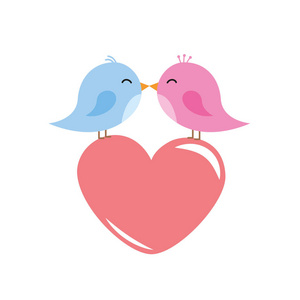 两只可爱的小鸟亲吻着红色的心卡通矢量插画 eps10照片