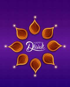 愉快的 diwali 紫色背景与传统油灯