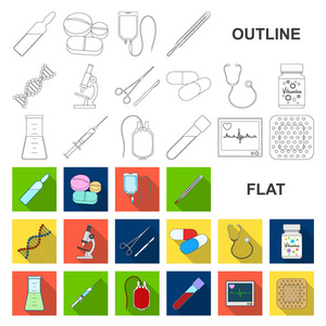 药物和治疗平面图标集合中的设计。药品和设备矢量符号库存 web 插图