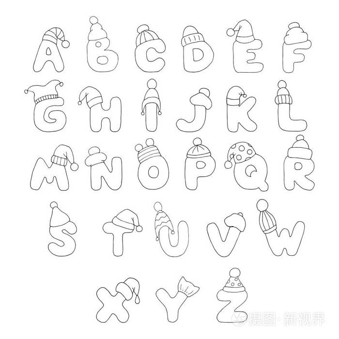 插画 英国字母表 a-z 的向量字母在冬天圣诞节帽子 手绘 在白色背景