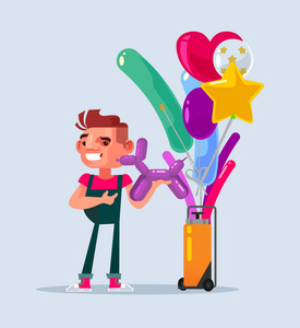 快乐的微笑卖家人物销售气球.矢量平面卡通插画照片