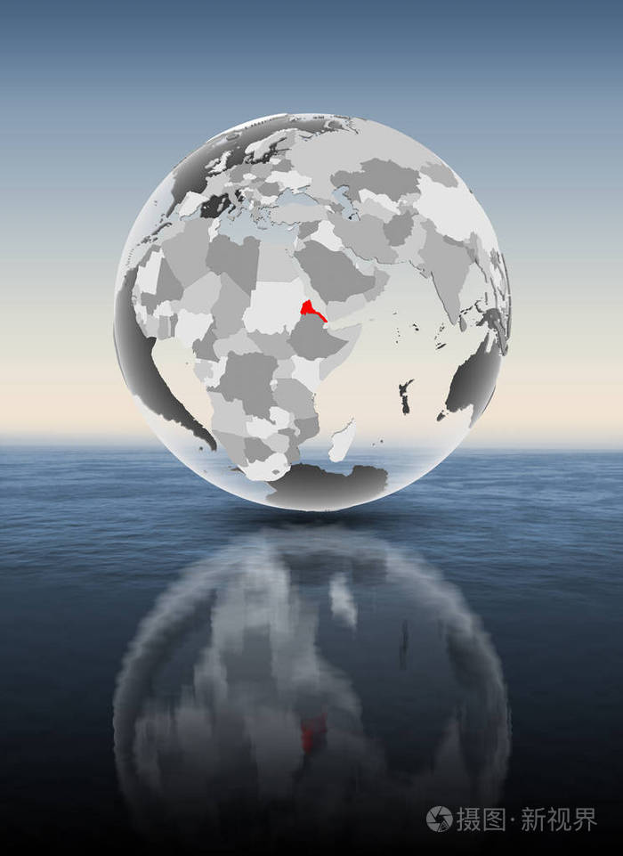 厄立特里亚在红色在透明地球漂浮在水之上。3d 插图