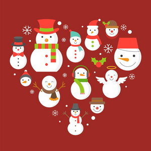 雪人和雪花安排作为心脏形状图标在背景圣诞节假期平面设计