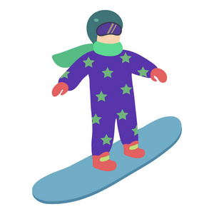 孩子们穿着时髦明亮的衣服骑着滑雪板