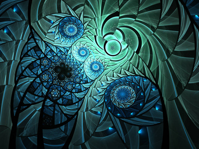 螺旋马赛克分形模式。花卉马赛克着色玻璃组合蓝色和柔和的绿色色调