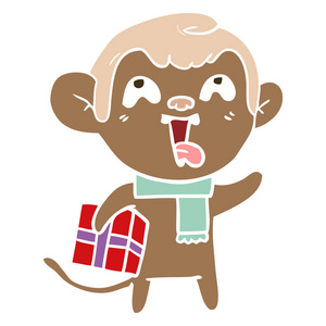 疯狂的扁平颜色风格动画片猴子与圣诞礼物