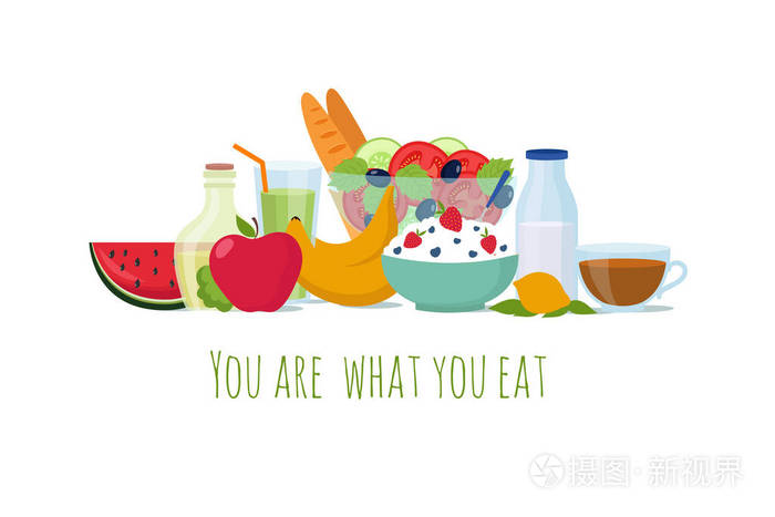 插画 健康平衡饮食食品.最佳生活饮食媒介背景.eps
