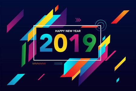 2019新年快乐多彩背景创意设计为您的问候卡片, 传单, 海报, 小册子, 横幅, 日历