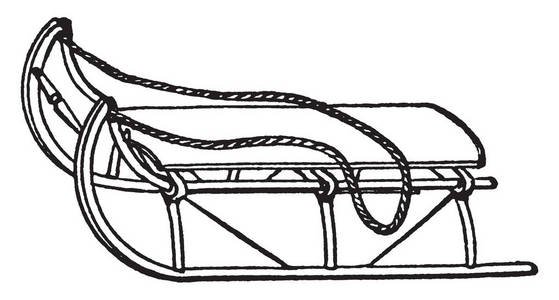 一个雪橇有一个座位和绳子, 必须用来拉动它手工, 复古线画或雕刻插图