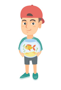 白人男孩抱着金鱼的鱼缸照片