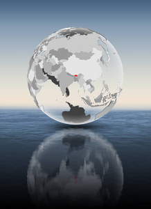 不丹在红色在透明地球漂浮在水之上。3d 插图