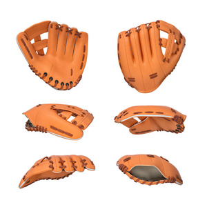 3d 渲染许多橙色皮革棒球手套在白色背景上不同角度的飞行